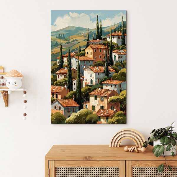 Conjunto de casas con árboles y colinas al fondo Cuadros Conjunto de casas con árboles y colinas al fondo