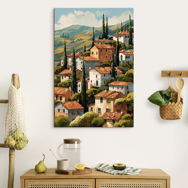Group of houses with trees and hills in the background Group of houses with trees and hills in the background