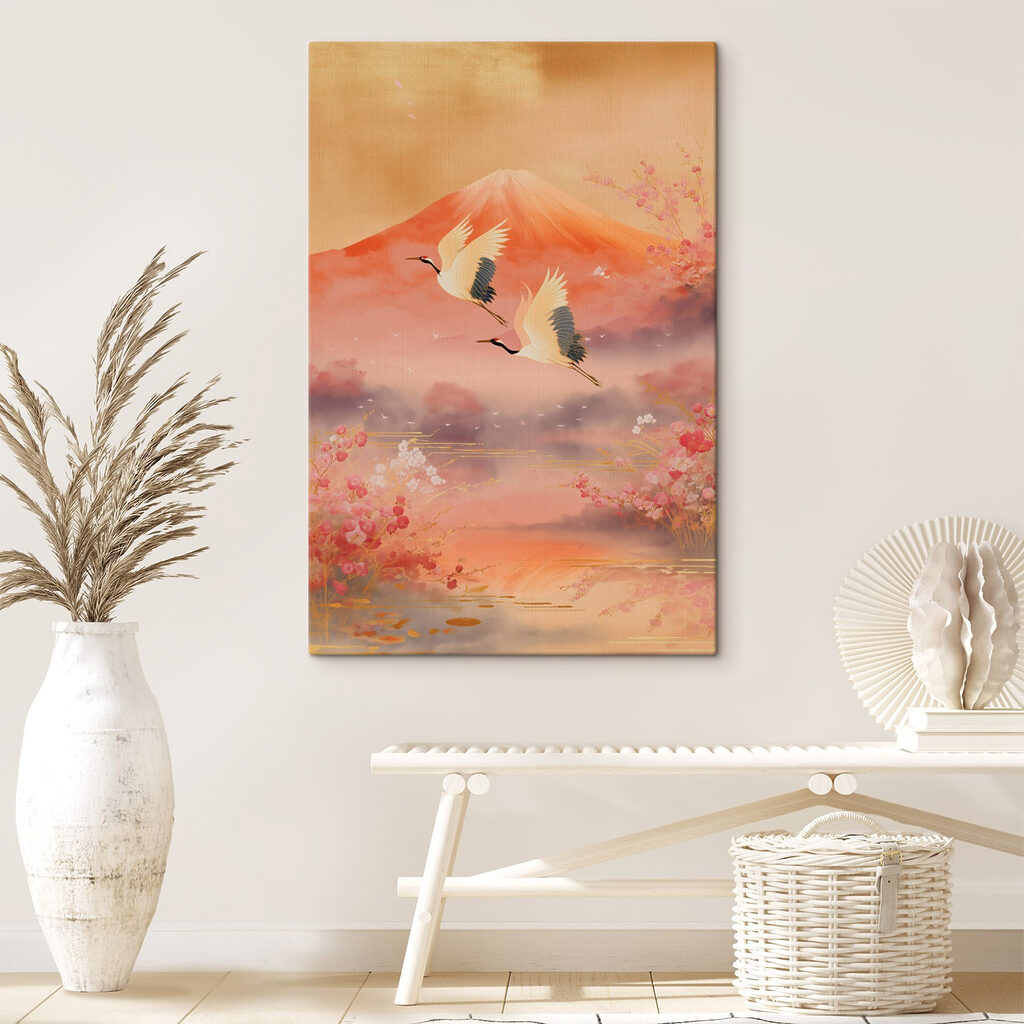 Painting of birds flying over a mountain