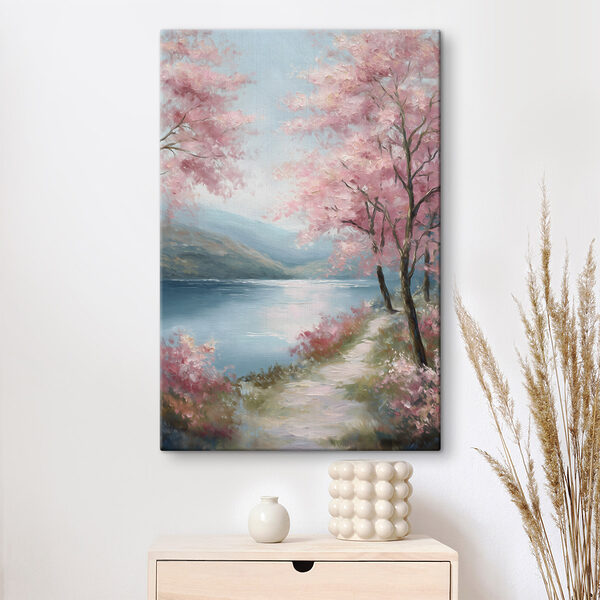 Cuadros Cuadro de un lago con árboles rosas y montañas (SKU: s48289) Cuadros Cuadros Cuadro de un lago con árboles rosas y montañas (SKU: s48289)