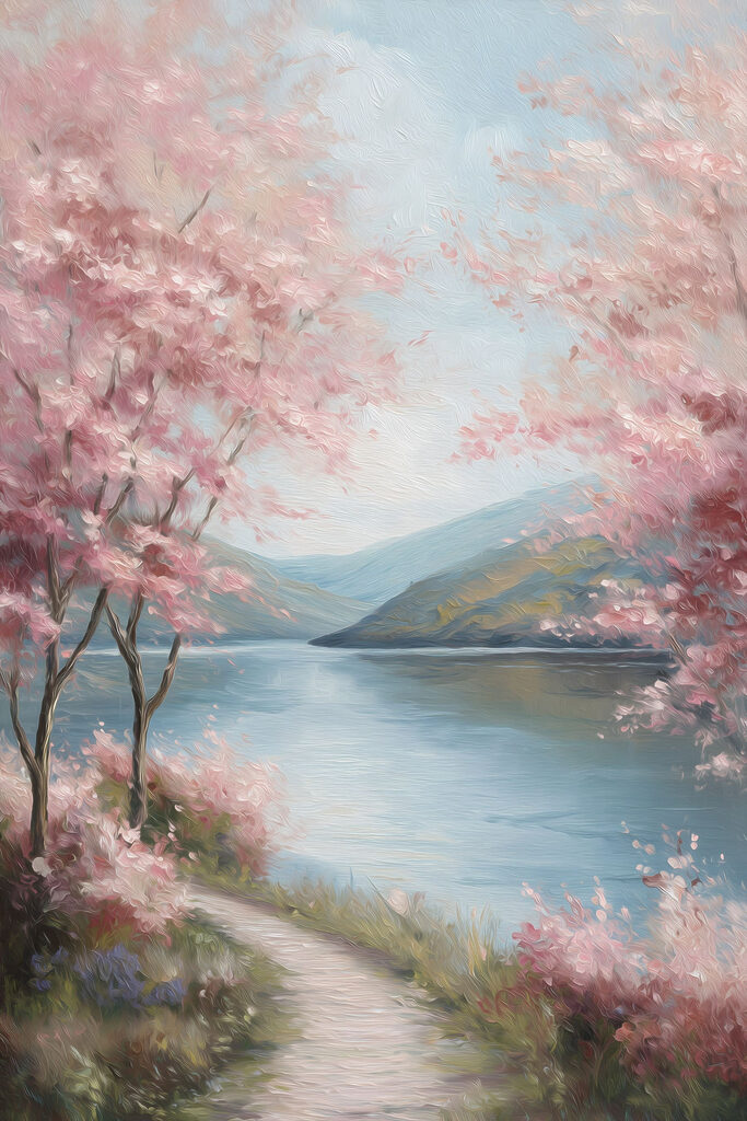 Painting of a lake with pink flowers Painting of a lake with pink flowers