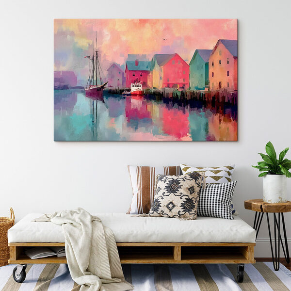Cuadros Cuadros Casas de colores y un barco en el agua (SKU: s44837)