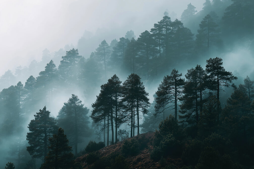 Foggy forest with trees