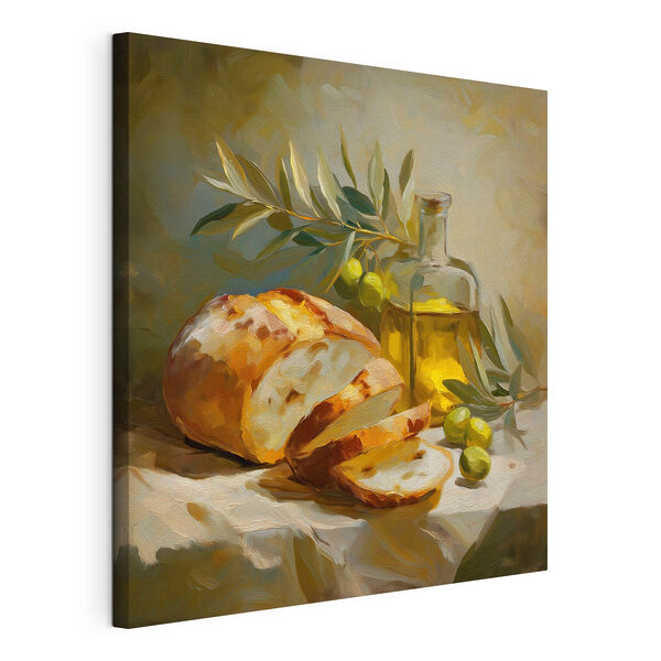Cuadros Cuadro de un bodegón con una barra de pan y aceitunas (SKU: s49529) Cuadros Cuadros Cuadro de un bodegón con una barra de pan y aceitunas (SKU: s49529)