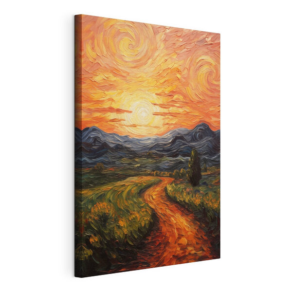 Cuadros Cuadro que representa una carretera que atraviesa un campo, con montañas y el sol (SKU: s49478) Cuadros Cuadros Cuadro que representa una carretera que atraviesa un campo, con montañas y el sol (SKU: s49478)