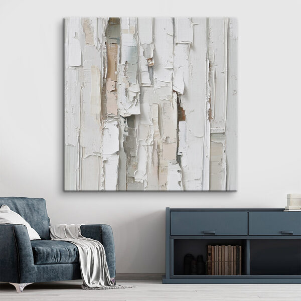 Cuadros Madera pintada de blanco con trozos de papel rasgados
