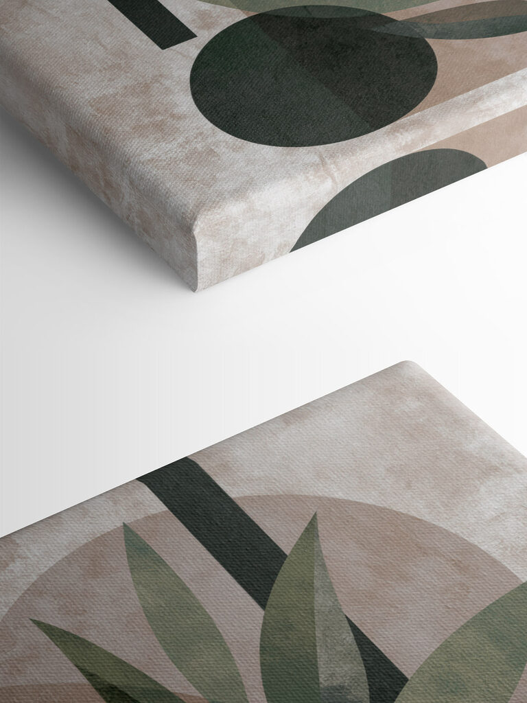 Painting of a plant with leaves and geometric shapes