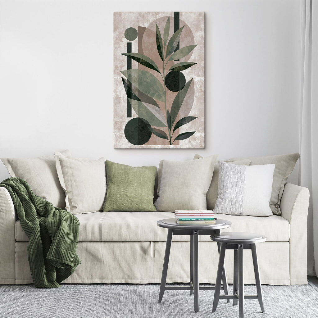 Painting of a plant with leaves and geometric shapes