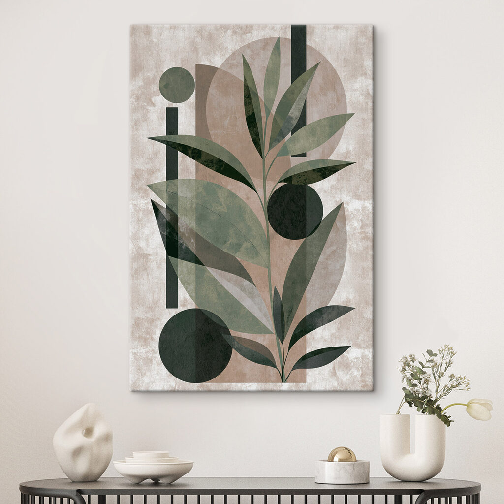Painting of a plant with leaves and geometric shapes