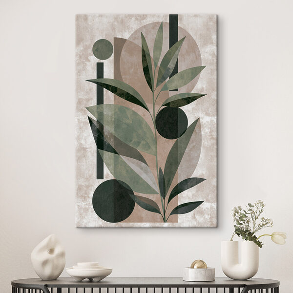 Painting of a plant with leaves and geometric shapes