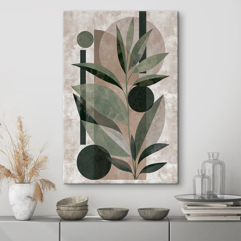Painting of a plant with leaves and geometric shapes