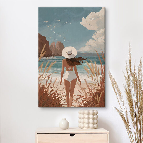 Cuadros Mujer en bañador y con sombrero paseando por la playa (SKU: s49253) Cuadros Cuadros Mujer en bañador y con sombrero paseando por la playa (SKU: s49253)