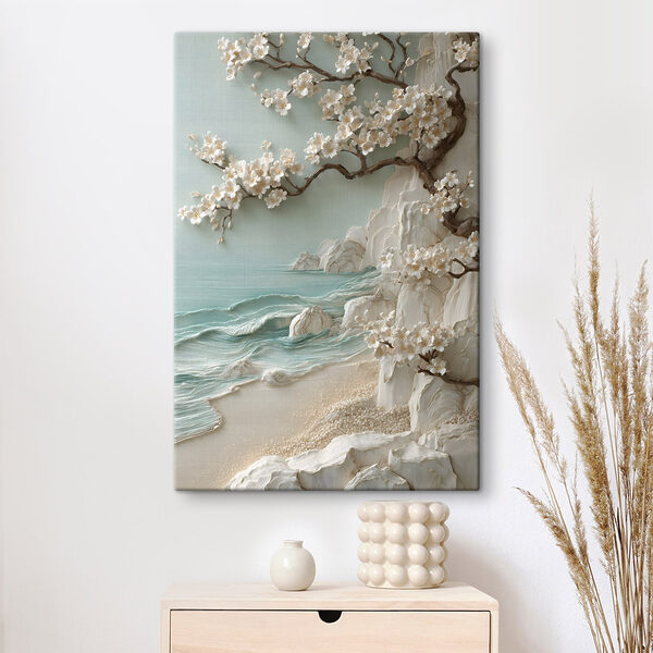 Cuadros Árbol con flores blancas en una playa (SKU: s49249) Cuadros Cuadros Árbol con flores blancas en una playa (SKU: s49249)