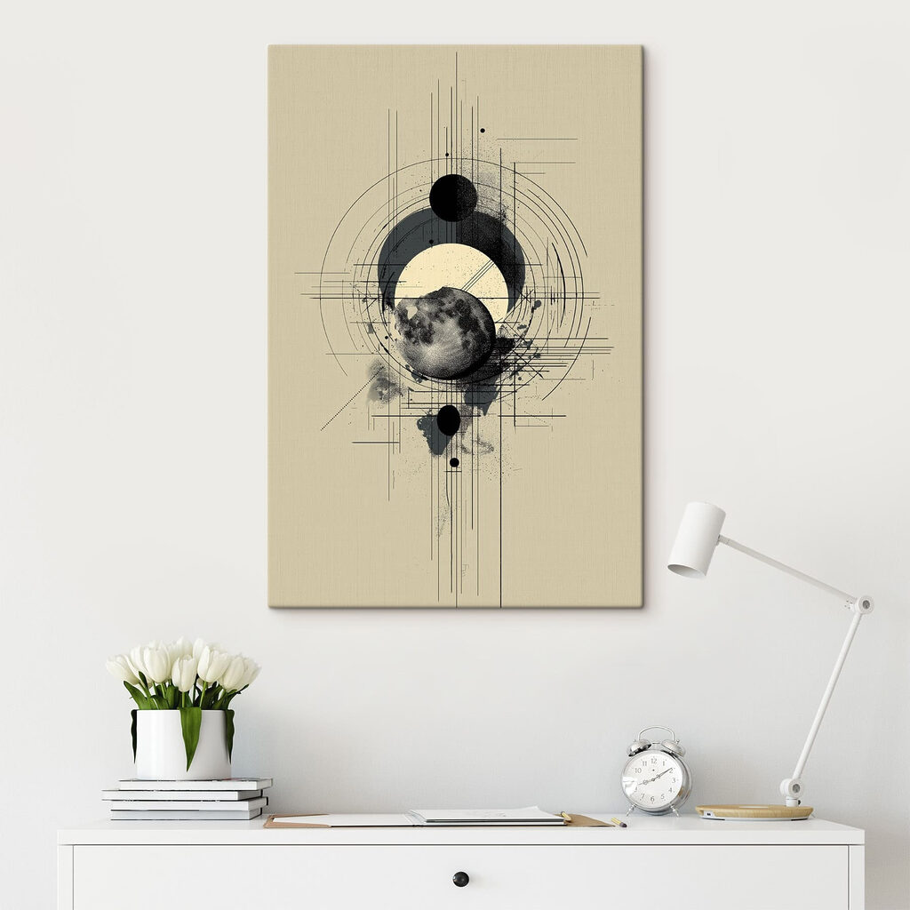 Black and white drawing of a moon and circles Black and white drawing of a moon and circles