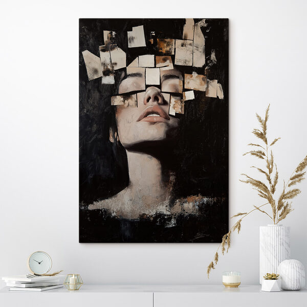 Cuadros Mujer con muchos trozos de papel cuadrados sobre la cara (SKU: s49282) Cuadros Cuadros Mujer con muchos trozos de papel cuadrados sobre la cara (SKU: s49282)