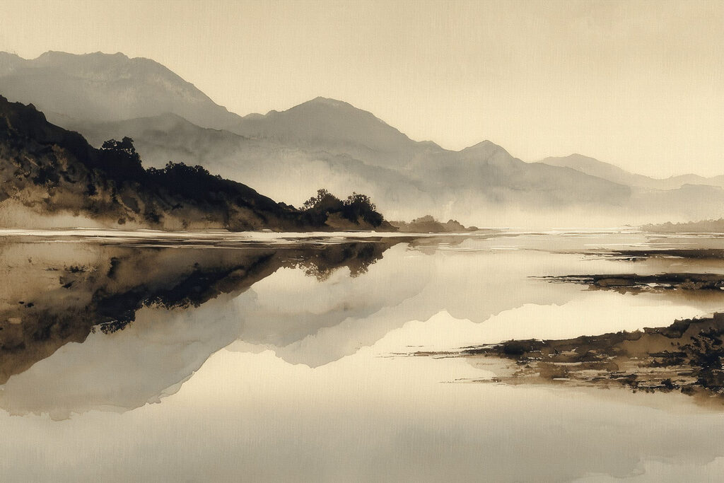 Watercolor painting of a lake with mountains in the background Watercolor painting of a lake with mountains in the background
