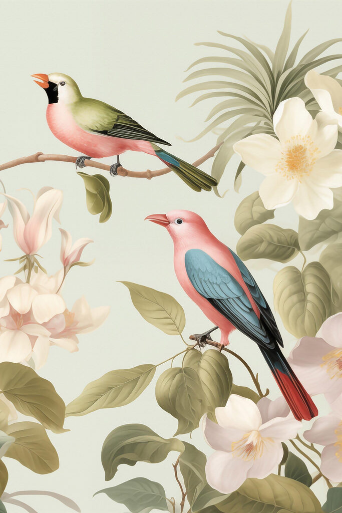 Couple of birds on a branch with flowers