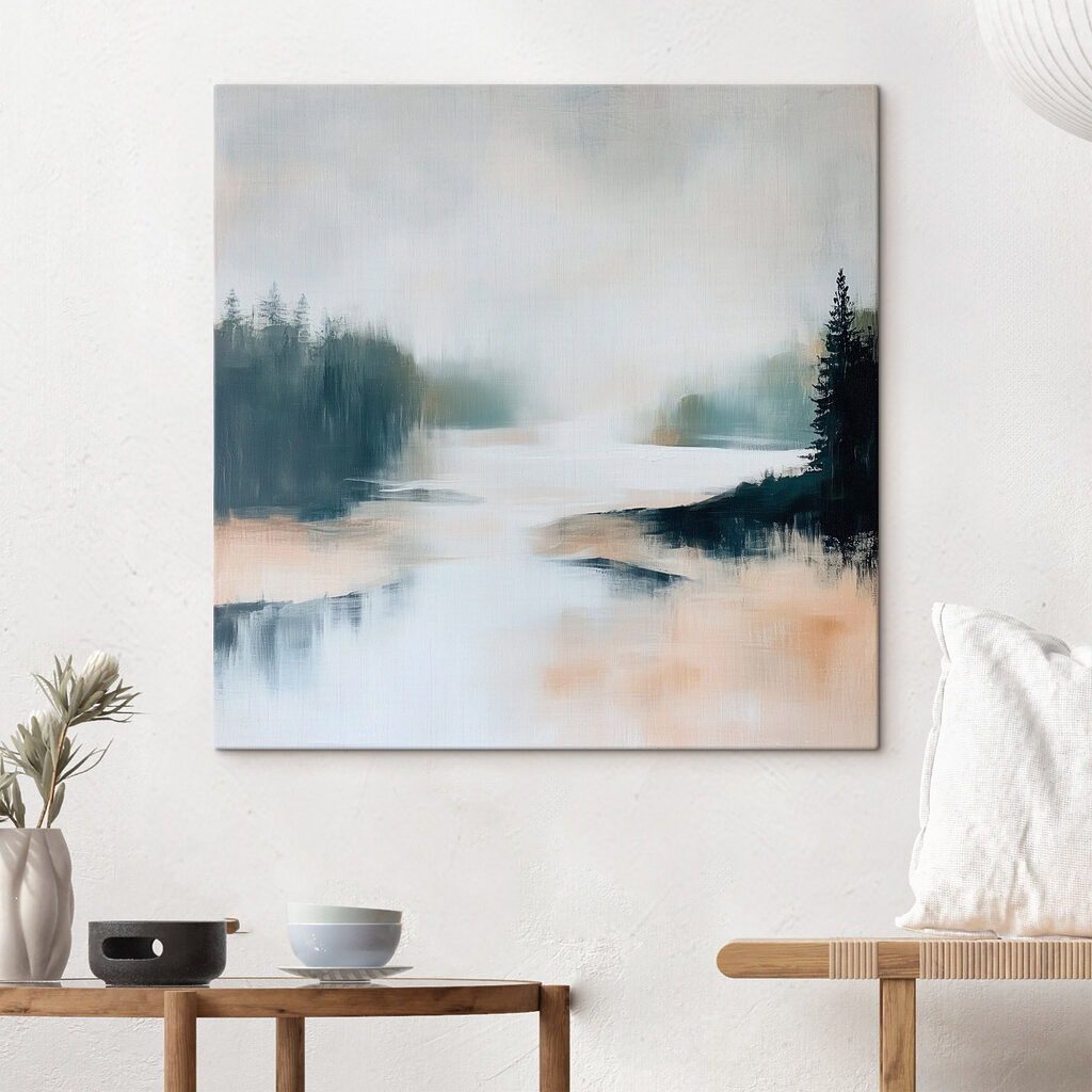 Painting of a river with trees and fog Painting of a river with trees and fog