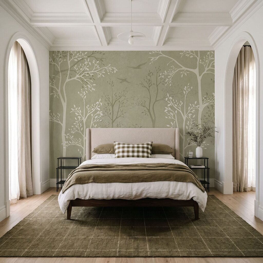 Papel pintado con árboles y pájaros