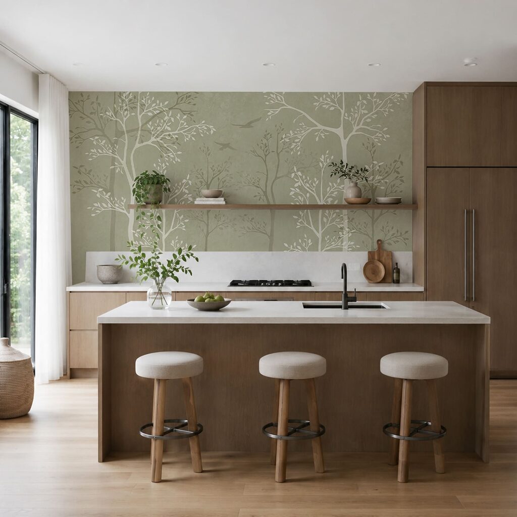 Papel pintado con árboles y pájaros