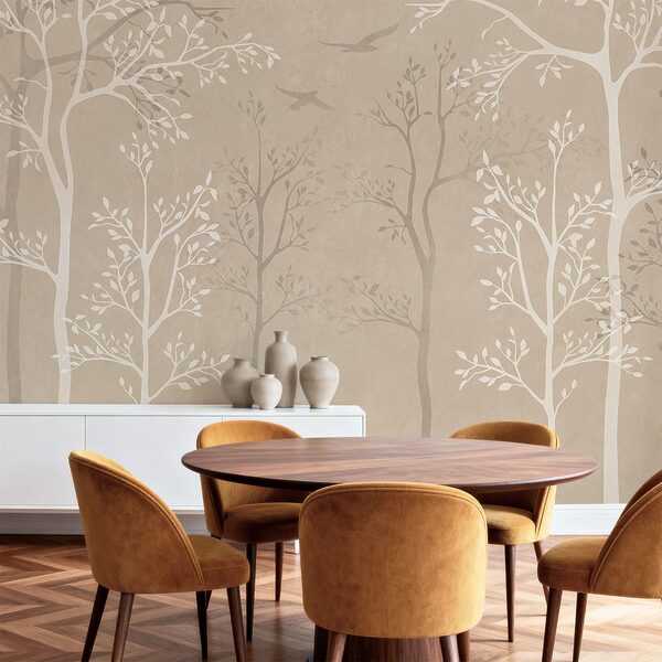 Papel pintado con árboles y pájaros