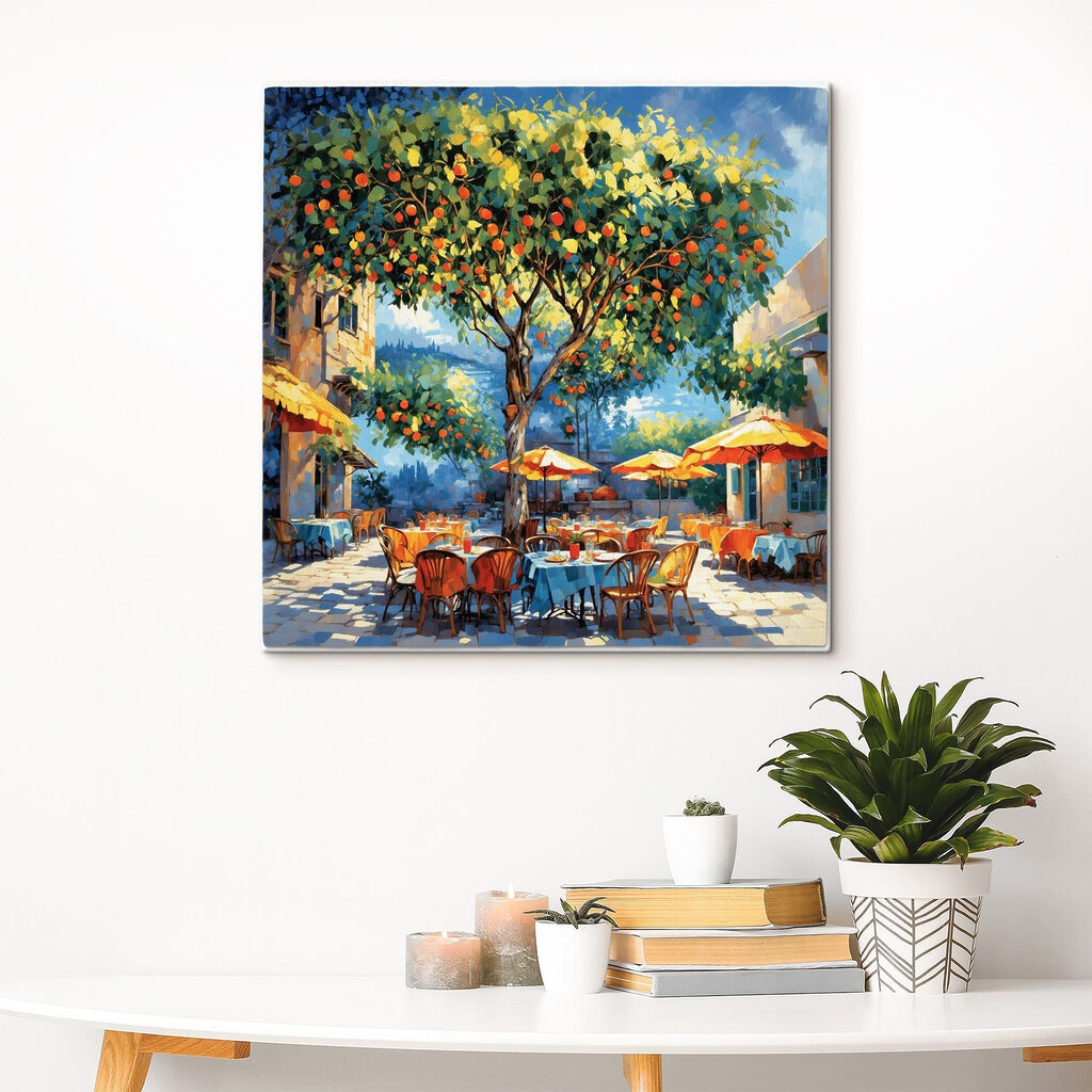 Painting of an orange tree with tables and chairs under an orange tree Painting of an orange tree with tables and chairs under an orange tree
