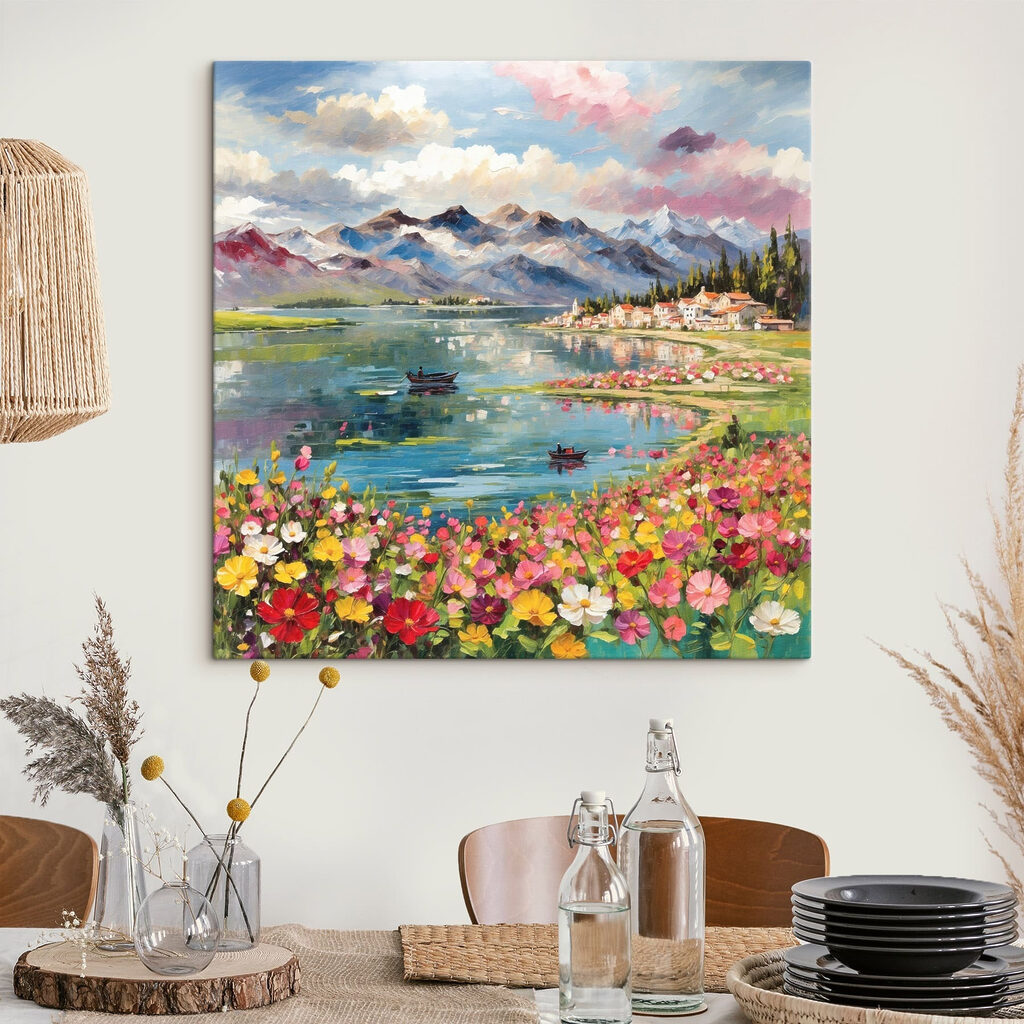 Painting of a lake with flowers and mountains in the background Painting of a lake with flowers and mountains in the background