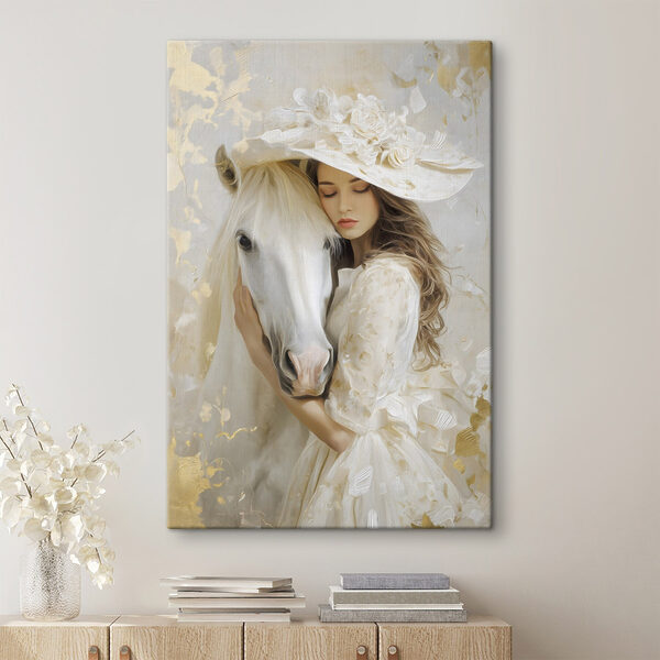 Cuadros Cuadros Una mujer con un vestido blanco y un sombrero abrazando a un caballo (SKU: s48790)