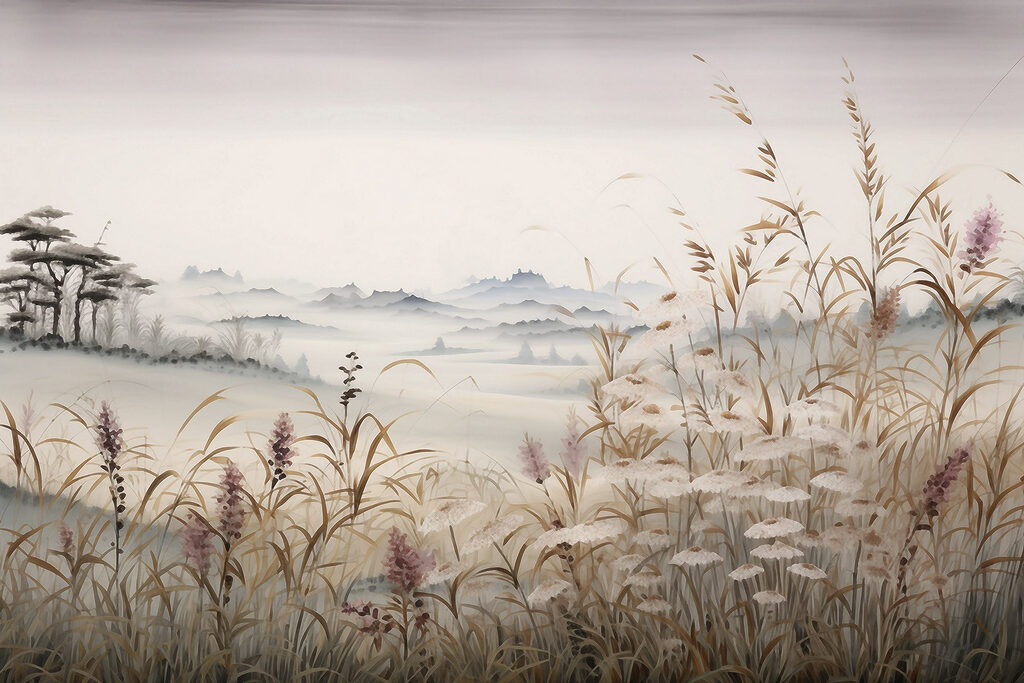 Painting of a landscape with grass and flowers
