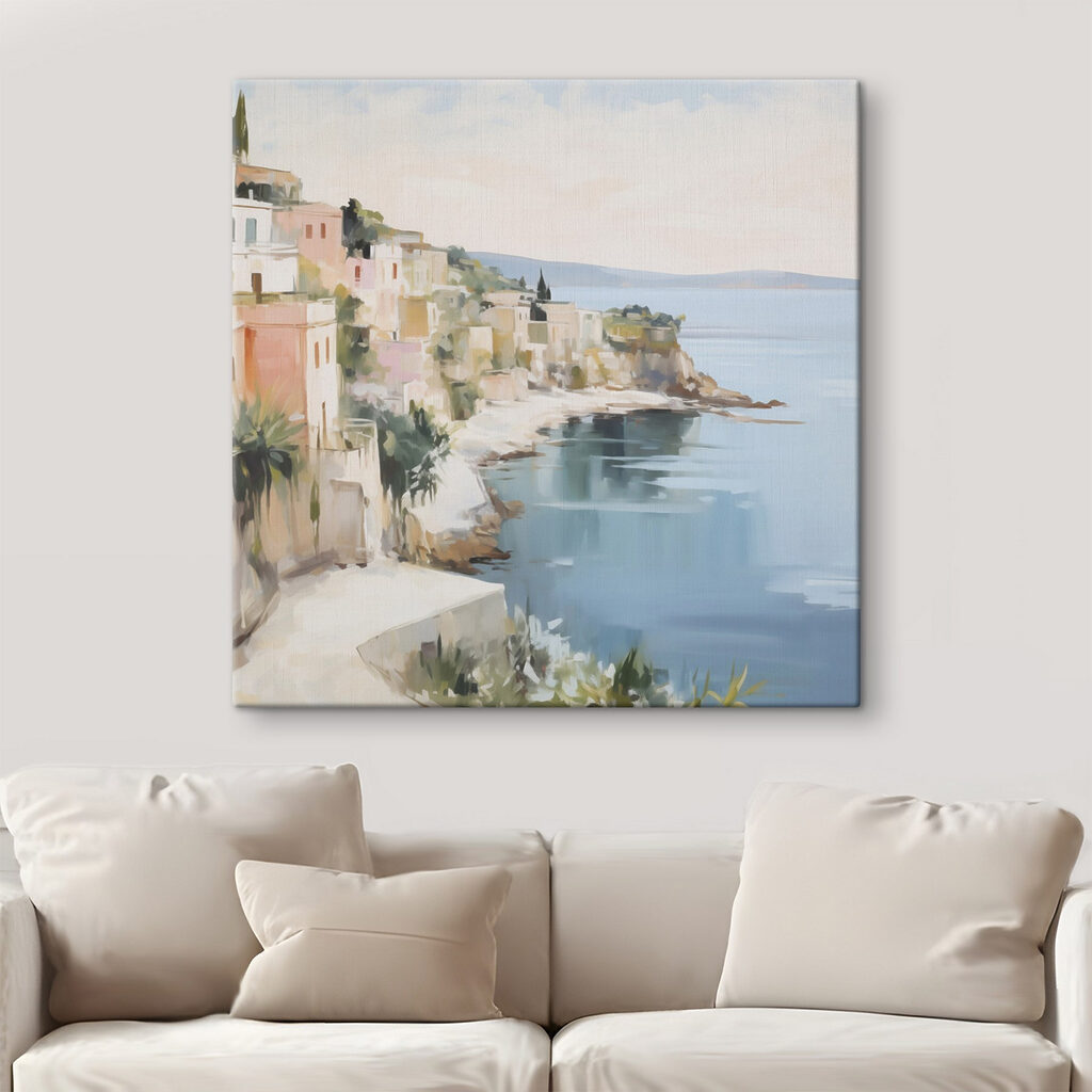 Painting of a city by the water Painting of a city by the water