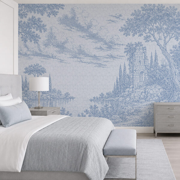 Dibujo en azul y blanco de un lago y unos árboles Dibujo en azul y blanco de un lago y unos árboles