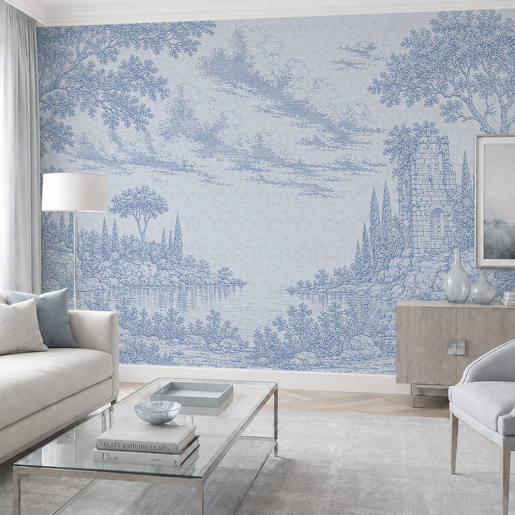 Dibujo en azul y blanco de un lago y unos árboles Dibujo en azul y blanco de un lago y unos árboles