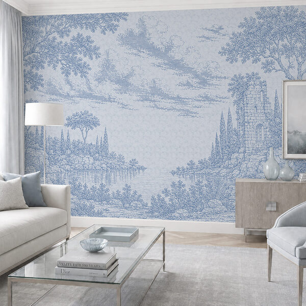 Dibujo en azul y blanco de un lago y unos árboles Dibujo en azul y blanco de un lago y unos árboles