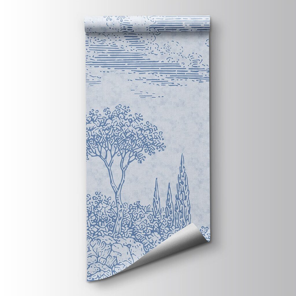 Blue and white drawing of a lake and trees Blue and white drawing of a lake and trees