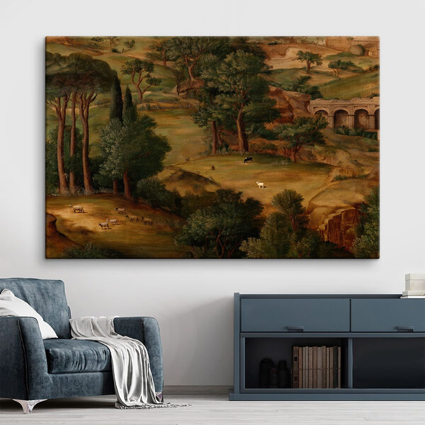 Painting of a landscape with trees and animals Painting of a landscape with trees and animals
