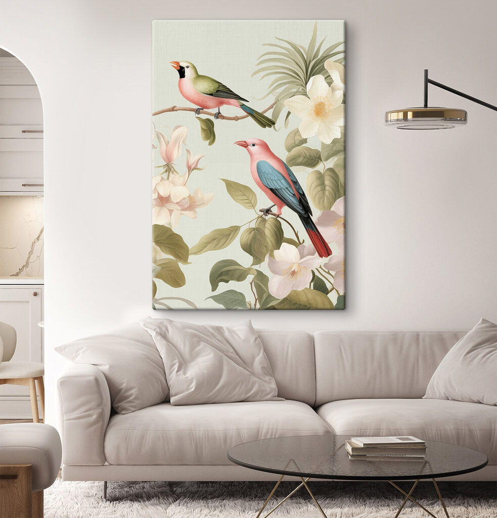 Couple of birds on a branch with flowers Couple of birds on a branch with flowers