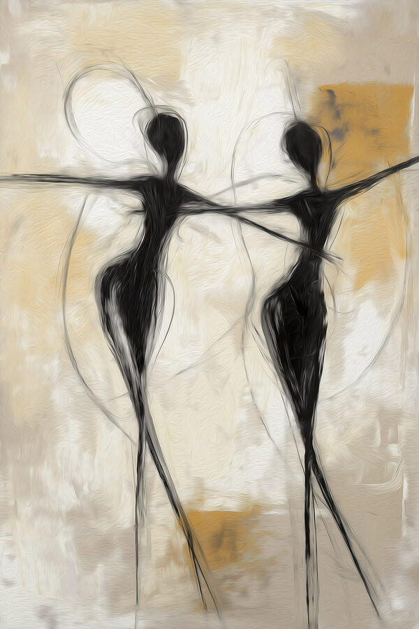 Black and white painting of two women dancing Black and white painting of two women dancing