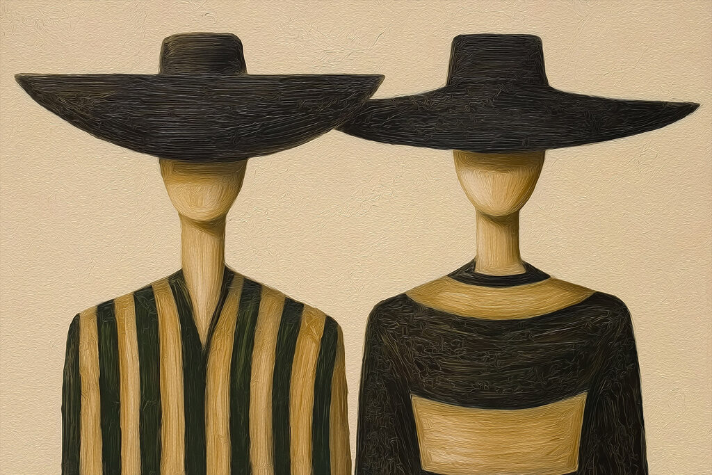 Couple of wooden mannequins wearing hats