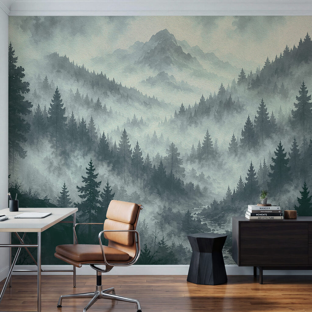Paisaje montañoso con niebla, árboles y un río Paisaje montañoso con niebla, árboles y un río