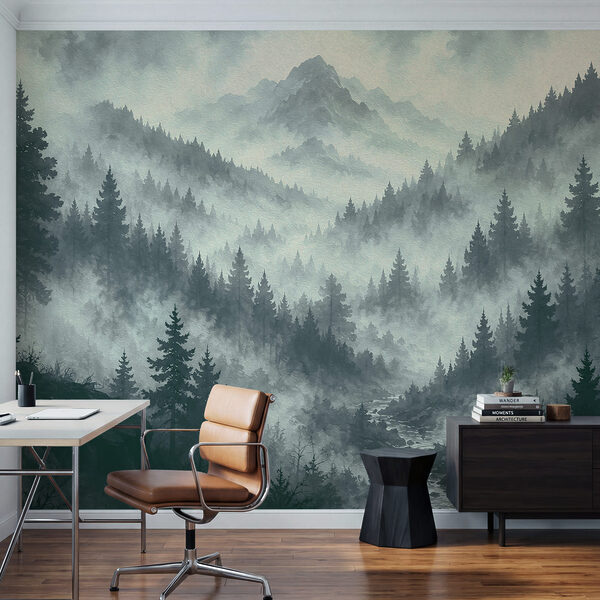 Paisaje montañoso con niebla, árboles y un río Paisaje montañoso con niebla, árboles y un río