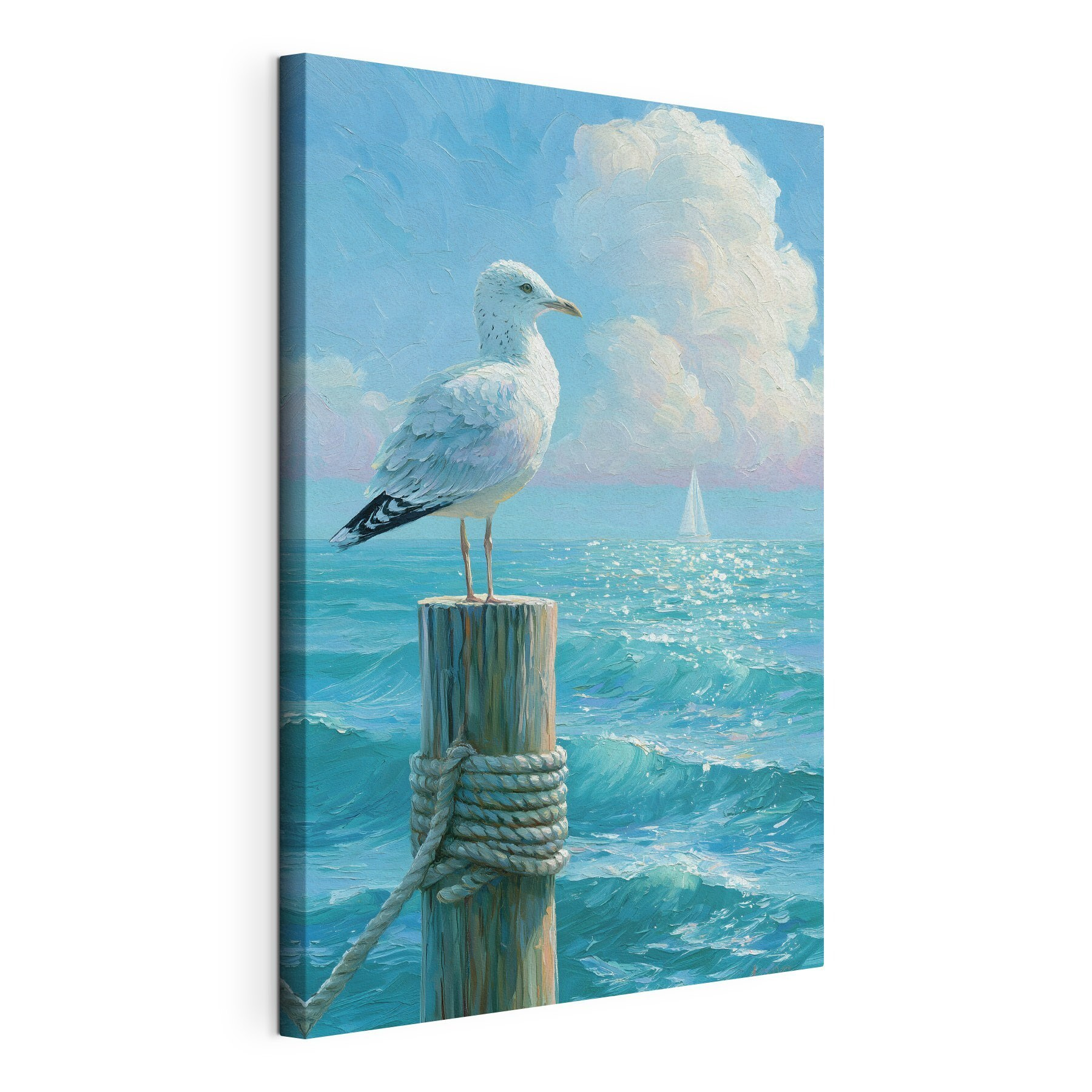 Bird standing on a post in front of a sailboat Bird standing on a post in front of a sailboat