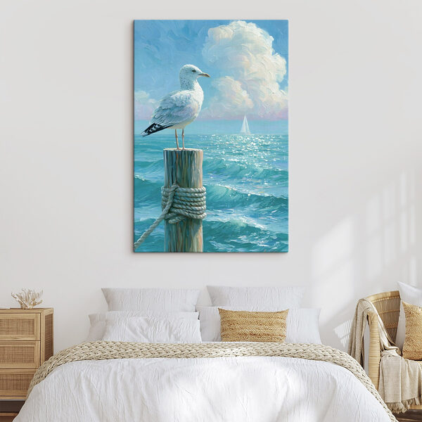 Bird standing on a post in front of a sailboat Bird standing on a post in front of a sailboat