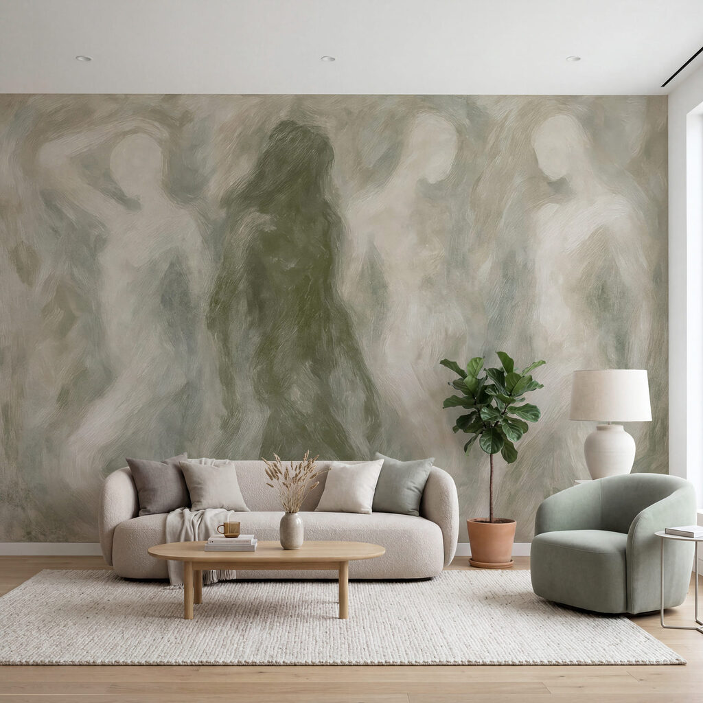 Un grupo de personas en una habitación gris y blanca Un grupo de personas en una habitación gris y blanca