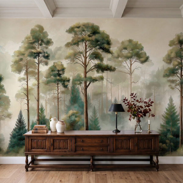 Grupo de árboles en un bosque envuelto en niebla Grupo de árboles en un bosque envuelto en niebla