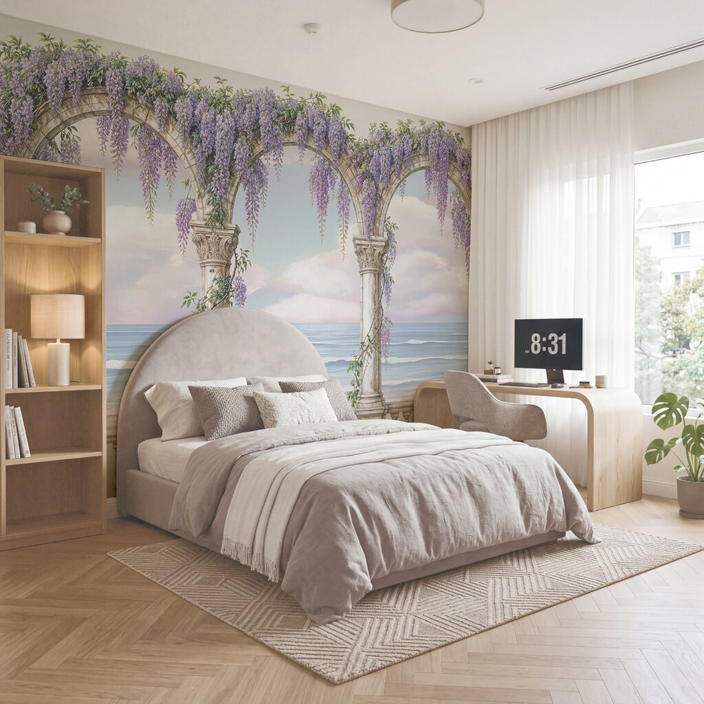 Cuadro de un arco adornado con flores moradas Cuadro de un arco adornado con flores moradas