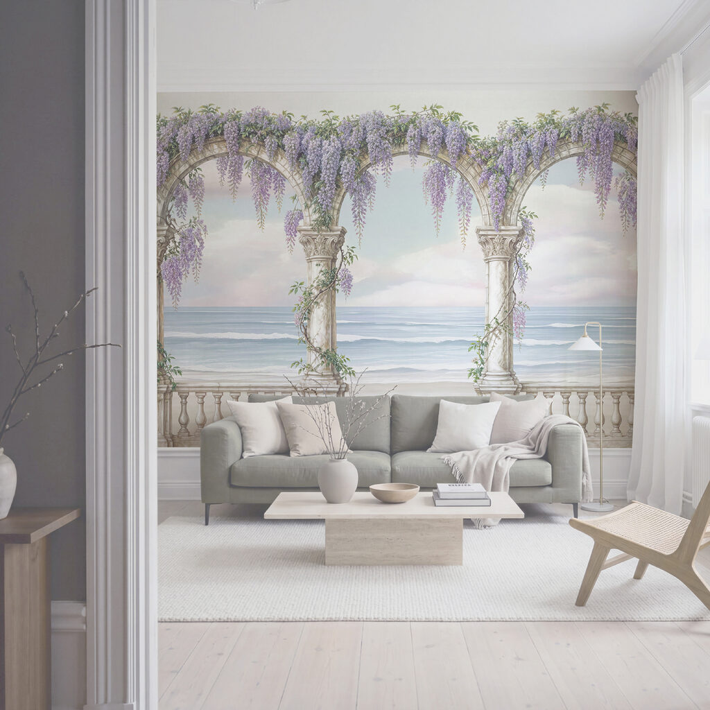Cuadro de un arco adornado con flores moradas Cuadro de un arco adornado con flores moradas