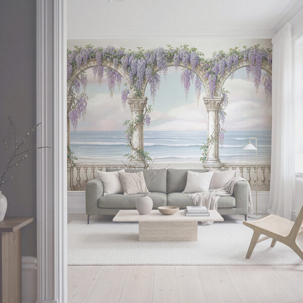Cuadro de un arco adornado con flores moradas Cuadro de un arco adornado con flores moradas