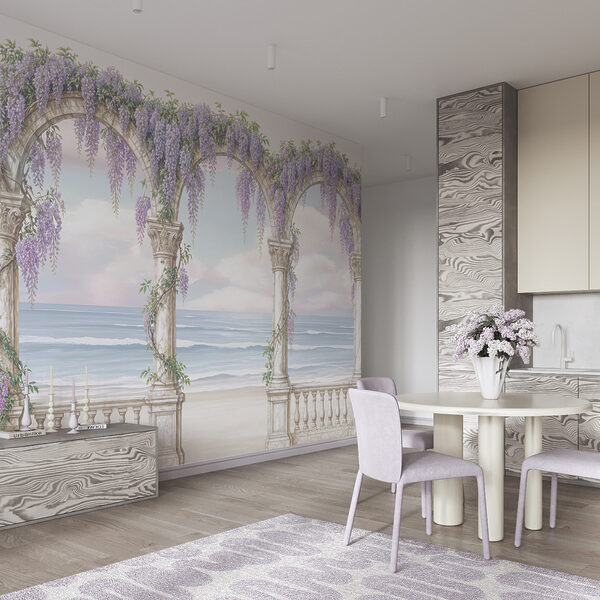 Cuadro de un arco adornado con flores moradas Cuadro de un arco adornado con flores moradas
