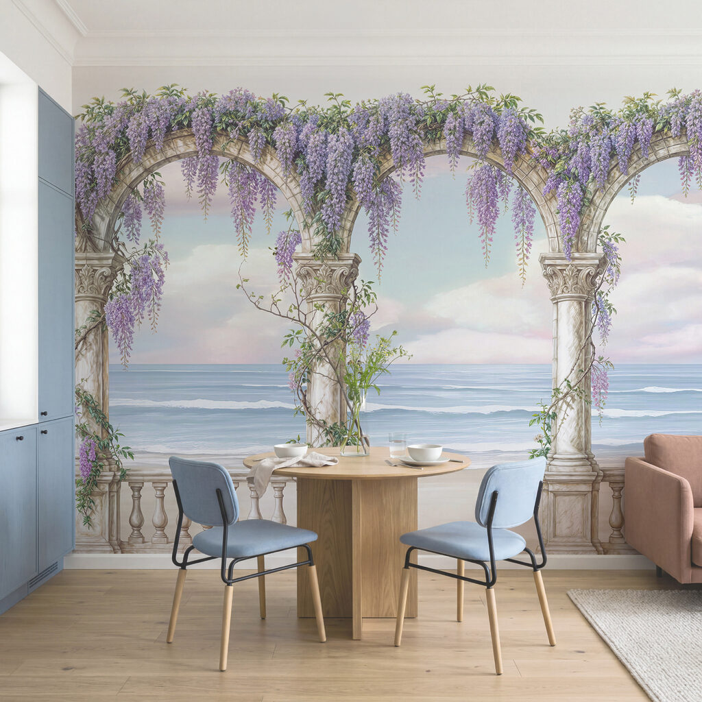 Cuadro de un arco adornado con flores moradas Cuadro de un arco adornado con flores moradas