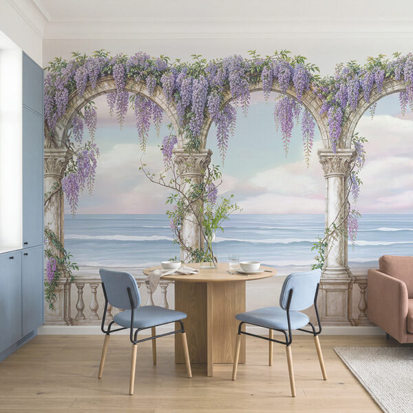 Cuadro de un arco adornado con flores moradas Cuadro de un arco adornado con flores moradas